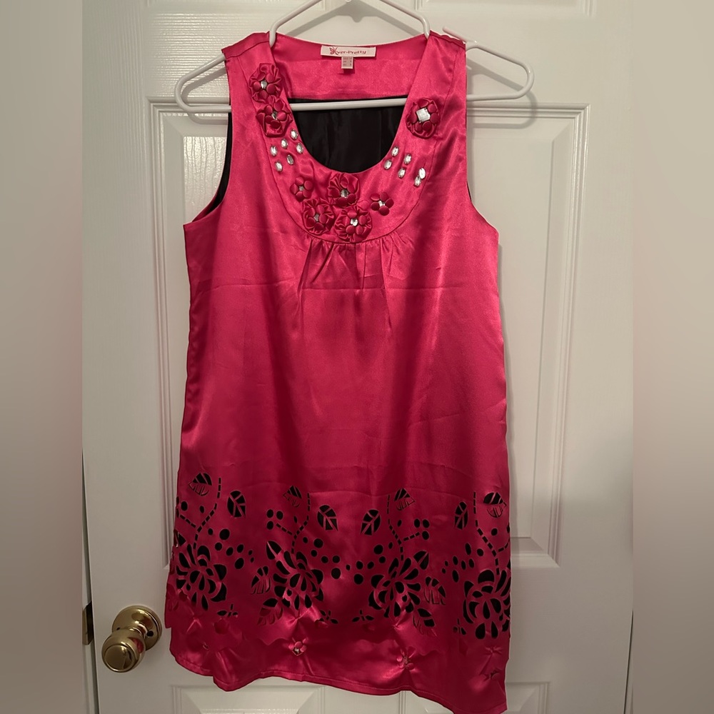 Pink mini cut out bling detail satin shiny party dress
